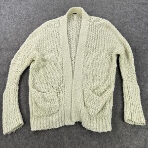 Free People Sweater Womens Medium Green Open Front Boucle Knit Cardigan Pockets